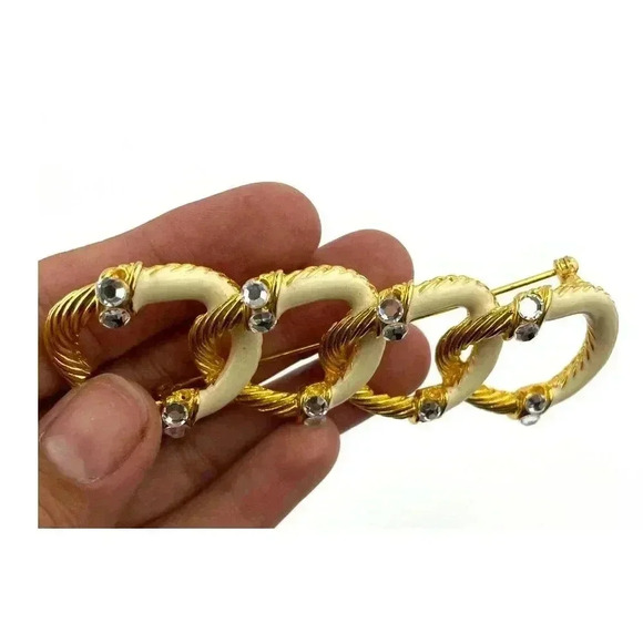 VTG Gold Tone Enamel Brooch Pin Clear Rhinestone Circle Loop Retro - Picture 7 of 8